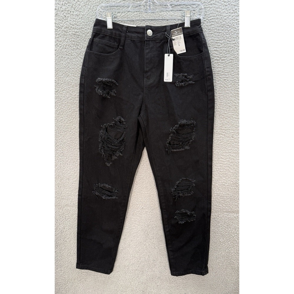 Rue 21 Jeans Womens 8 Black Mom Jean‎ High Rise Distressed Denim Preppy NEW